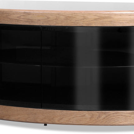 Centurion Supports PANGEA Black Oak Beam-Thru Glass Doors Curved Unit Tru-Corner 32"-50" TV Cabinet - Grade A