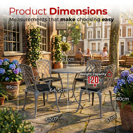 Centurion Supports OSHOWA Luxurious Garden and Patio Table and 4 Large Chairs with Armrests Cast Aluminium Bistro Set - Grey with Black Cushions