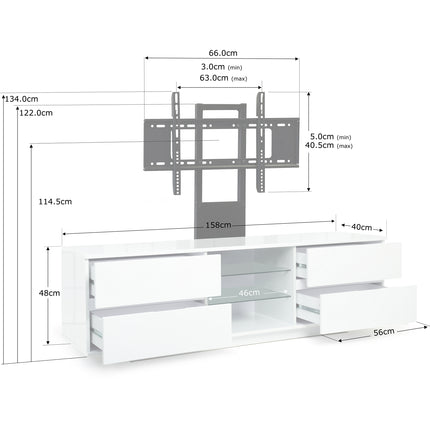 Homeology Avitus Premium High Gloss White with 4-White Drawers and 3-Shelf up to 65" LED/OLED/LCD TV Cabinet with Mounting Arm