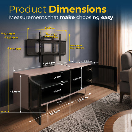 Homeology CARU Black Greige Beam-Thru Remote Friendly Super-Contemporary D Shape Design 32"-65" LED/OLED/LCD TV Cabinet with Mounting Arm
