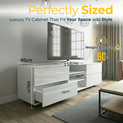 Homeology Avitus Premium High Gloss White with 4-White Drawers and 3-Shelf 32"-65" LED/OLED/LCD TV Cabinet - Fully Assembled