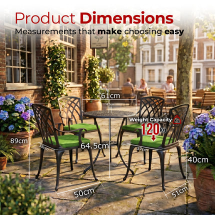 Centurion Supports OSHOWA Garden and Patio Table and 4 Large Chairs with Armrests Cast Aluminium Bistro Set - Green cushions