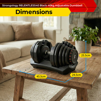 Strongology RELENTLESS40 Adjustable Smart Dumbbell Pair from 5kg to 40kg Home Fitness Training Weights in Black - Grade A