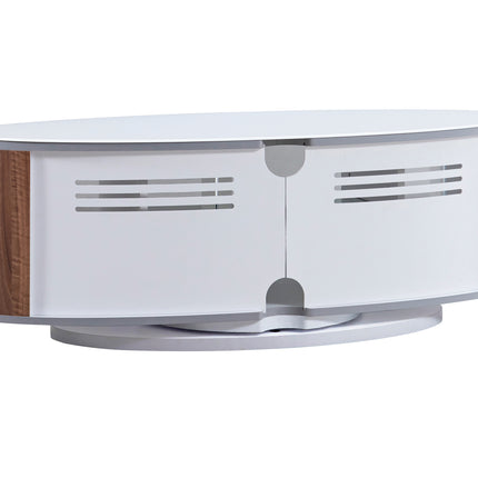 MDA Designs LUNA Gloss White Oval Cabinet with Walnut Profiles White BeamThru Glass Doors Suitable for Flat Screen TVs up to 50"