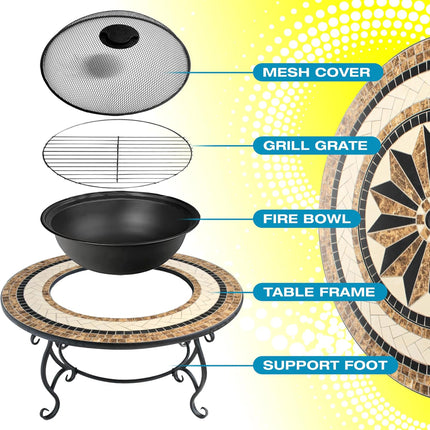 Centurion Supports TOPANGA High-End Round Multi-Functional Garden and Patio Heater, Fire Pit, Coffee Table, BBQ and Ice Bucket with Ceramic Tiles and Cover