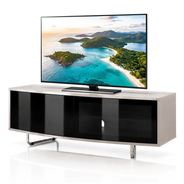 Homeology Caru Gloss Black Greige Beam-Thru Remote Friendly Super-Contemporary "D" Shape Design 32"-65" LED/OLED/LCD TV Cabinet
