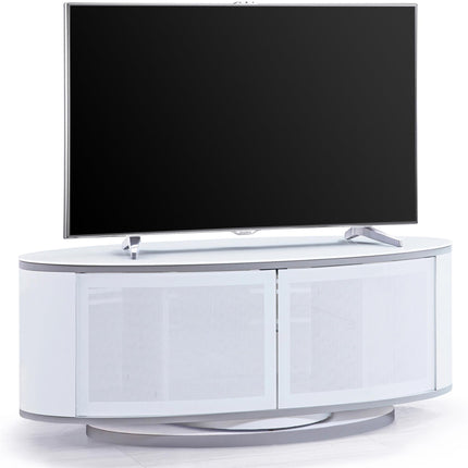 MDA Designs LUNA Gloss White Oval Cabinet with White Profiles White BeamThru Glass Doors Suitable for Flat Screen TVs up to 50" - Grade A