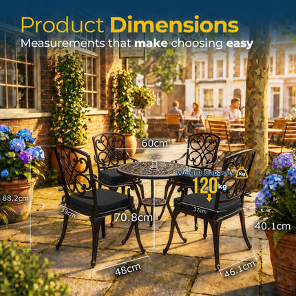 Homeology VIVALDI Black 5-Piece Cast Aluminium Garden Bistro Set - Rust-Proof Round Table with Parasol Hole & 4 Large Armchairs - with Black Cushions