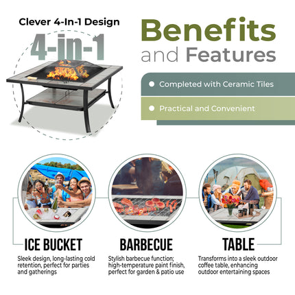 Centurion Supports SHANGO Premium Multi-Functional Black with Ceramic Tiles Outdoor Garden and Patio Square Heater Fire Pit Brazier and Outdoor Table