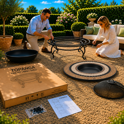 Centurion Supports TOPANGA High-End Round Multi-Functional Garden and Patio Heater, Fire Pit, Coffee Table, BBQ and Ice Bucket with Ceramic Tiles and Cover