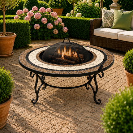 Centurion Supports TOPANGA High-End Round Multi-Functional Garden and Patio Heater, Fire Pit, Coffee Table, BBQ and Ice Bucket with Ceramic Tiles and Cover