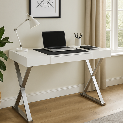 Centurion Supports ADONIS Gloss White and Chrome Legs Ergonomic Home Office Luxury Modern Desk
