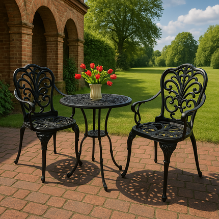 Centurion Supports BANGUI Black Garden and Patio Table and 2 Chairs Cast Aluminium Bistro Set