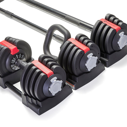 Strongology ELEMENT SET Home Fitness Black/Red Adjustable Smart Barbell/Dumbbell/Kettlebell from 2kg up to 19kg Training Weights