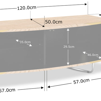 Centurion Supports Caru Gloss Black and Oak Beam-Thru Remote Friendly Super-Contemporary "D" Shape Design 32"-65" LED/OLED/LCD TV Cabinet - Grade A
