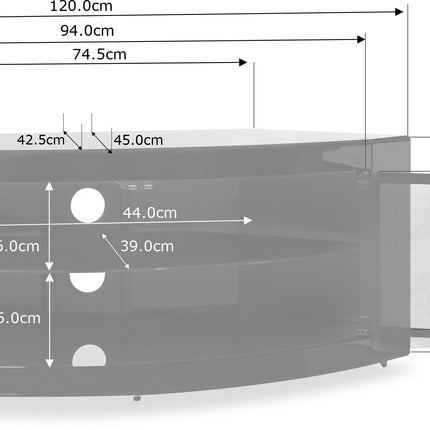 Centurion Supports PANGEA Gloss Black Beam-Thru Curved Tru-Corner 32"-50" TV Cabinet - Grade A