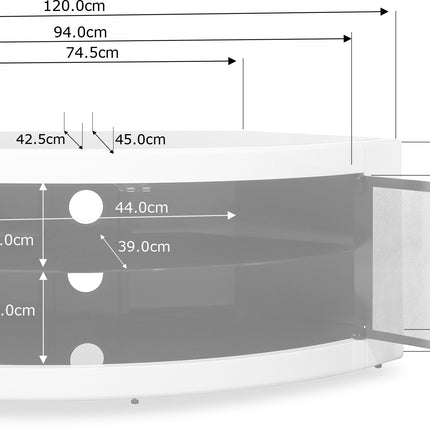 Centurion Supports PANGEA Gloss White Beam-Thru Curved Tru-Corner 32”-50” TV Cabinet