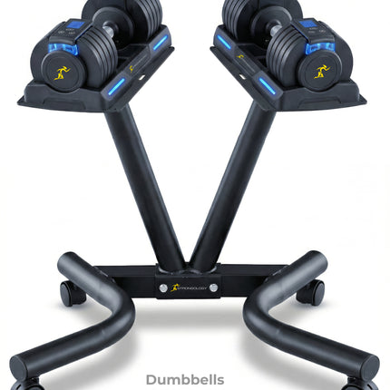 Strongology POWERDOCK Universal Dumbbell Floor Stand – Heavy Duty Steel Compact V-Frame Ergonomic Rack with Castor Wheels, Secure Safety Straps & Easy Assembly (Dumbbells Not Included)