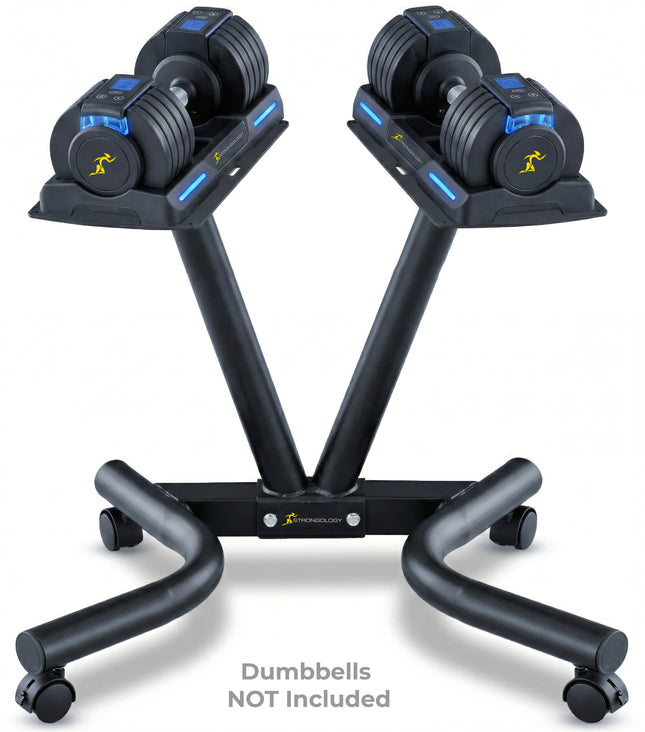 Strongology POWERDOCK Universal Dumbbell Floor Stand – Heavy Duty Steel Compact V-Frame Ergonomic Rack with Castor Wheels, Secure Safety Straps & Easy Assembly (Dumbbells Not Included)