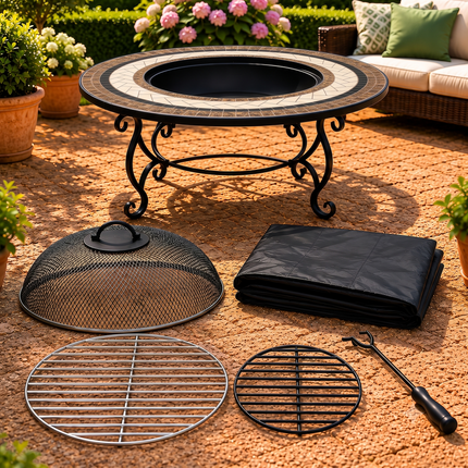 Centurion Supports TOPANGA High-End Round Multi-Functional Garden and Patio Heater, Fire Pit, Coffee Table, BBQ and Ice Bucket with Ceramic Tiles and Cover