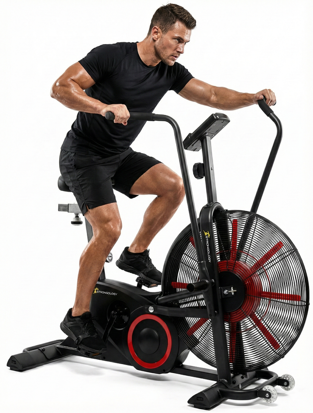 Strongology TITANIUM Assault Bike Adjustable Resistance Dual Belt Magnetic 24” Fan Professional Air Bike with Clear LCD Display