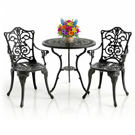 Centurion TABREEZ 3-Piece Bistro Set Garden Furniture, Cast Aluminium Outdoor Patio Set, Metal Garden Furniture, Rust-Proof Table & 2 Chairs, Bistro Set, Black