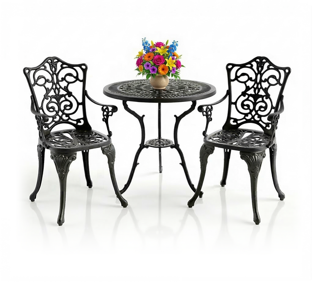 Centurion TABREEZ 3-Piece Bistro Set Garden Furniture, Cast Aluminium Outdoor Patio Set, Metal Garden Furniture, Rust-Proof Table & 2 Chairs, Bistro Set, Black