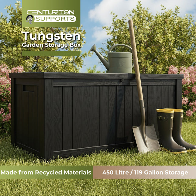 Centurion Supports TUNGSTEN 450 Litre 119 Gallon Waterproof Extra Large Lockable Easy-Open Garden Storage Box Outdoor Organiser in Black