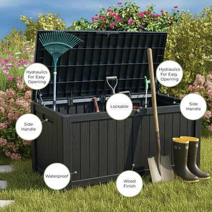 Centurion Supports TUNGSTEN 450 Litre 119 Gallon Waterproof Extra Large Lockable Easy-Open Garden Storage Box Outdoor Organiser in Black