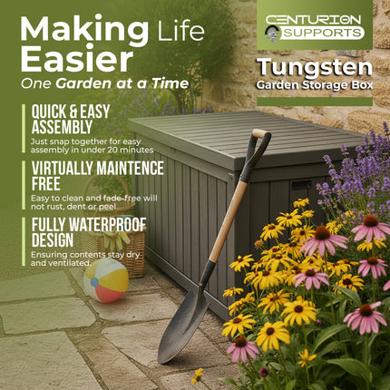 Centurion Supports TUNGSTEN 450 Litre 119 Gallon Waterproof Extra Large Lockable Easy-Open Garden Storage Box Outdoor Organiser in Grey