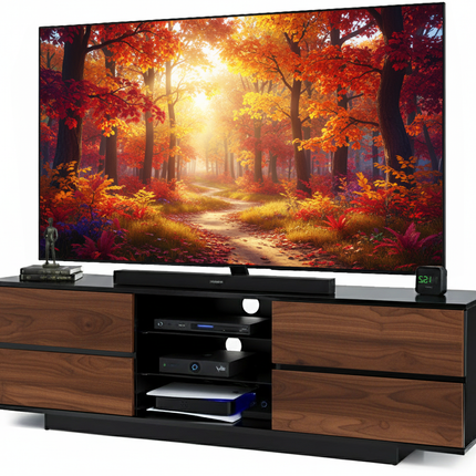 Homeology Avitus Premium High Gloss Black with 4-Walnut Drawers and 3-Shelf 32"-65" LED/OLED/LCD TV Cabinet