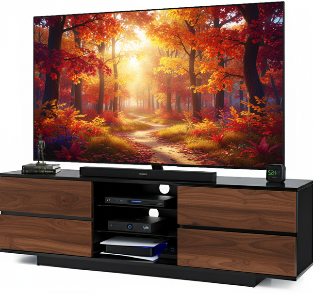 Homeology Avitus Premium High Gloss Black with 4-Walnut Drawers and 3-Shelf 32"-65" LED/OLED/LCD TV Cabinet