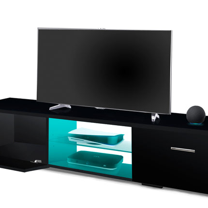 MDA Designs AVIOR Black with Gloss Black Doors Modern TV Cabinet for Flat TV Screens of up to 75" Entertainment Unit with LED Lights