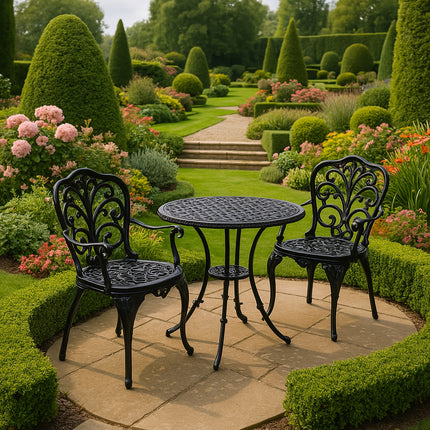 Centurion Supports BANGUI Black Garden and Patio Table and 2 Chairs Cast Aluminium Bistro Set