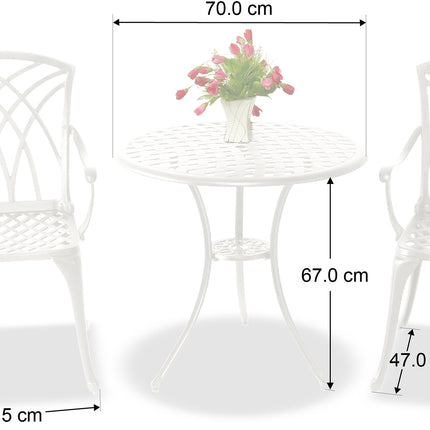 Centurion Supports OSHOWA Luxurious Garden and Patio Table and 2 Large Chairs with Armrests Cast Aluminium Bistro Set - White with Green Cushions