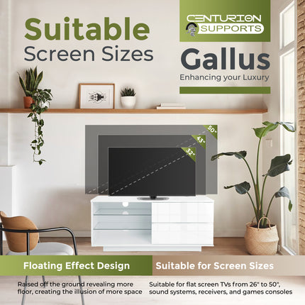 Centurion Supports Gallus Premium High Gloss White with 2-White Drawers and 3-Shelf 32"-55" LED/OLED/LCD TV Cabinet with 16 colour LED Lights