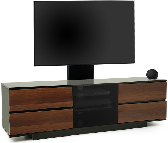 Centurion Supports AVITUS ULTRA Gloss Black Remote Friendly BeamThru Door with 4-Walnut Drawers up to 65" Flat Screen TV Cabinet with Mounting Arm
