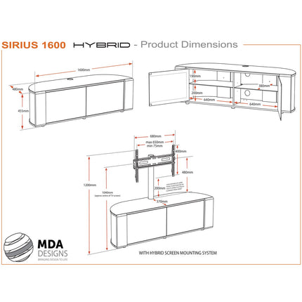 MDA Designs Sirius 1600 Cabinet with BeamThru Remote-Friendly Door for Flat Screen TVs up to 65" with Mounting Arm - Grade A