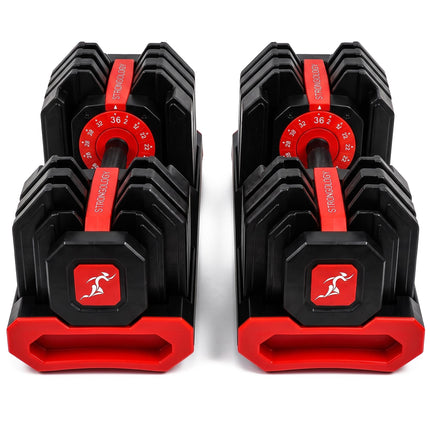 Strongology FLEX36 Red Adjustable Dumbbells 4kg-36kg, 17-in-1 Weights with Quick-Turn Dial for Home Gym Strength Training