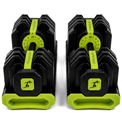 Strongology FLEX36 Lime Adjustable Dumbbells 4kg-36kg, 17-in-1 Weights with Quick-Turn Dial for Home Gym Strength Training