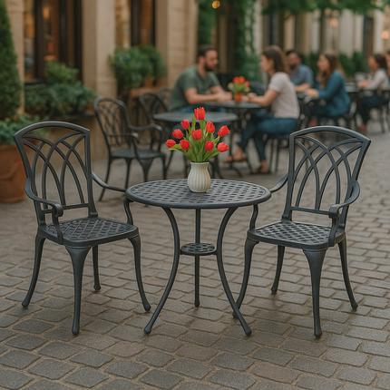 Centurion Supports OSHOWA Luxurious Garden and Patio Table and 2 Large Chairs with Armrests Cast Aluminium Bistro Set Grey