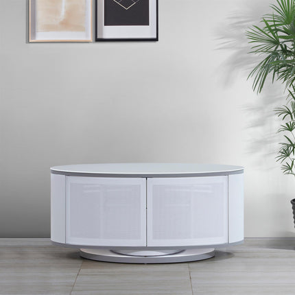 MDA Designs LUNA Gloss White Oval Cabinet with White Profiles White BeamThru Glass Doors Suitable for Flat Screen TVs up to 50" - Grade A