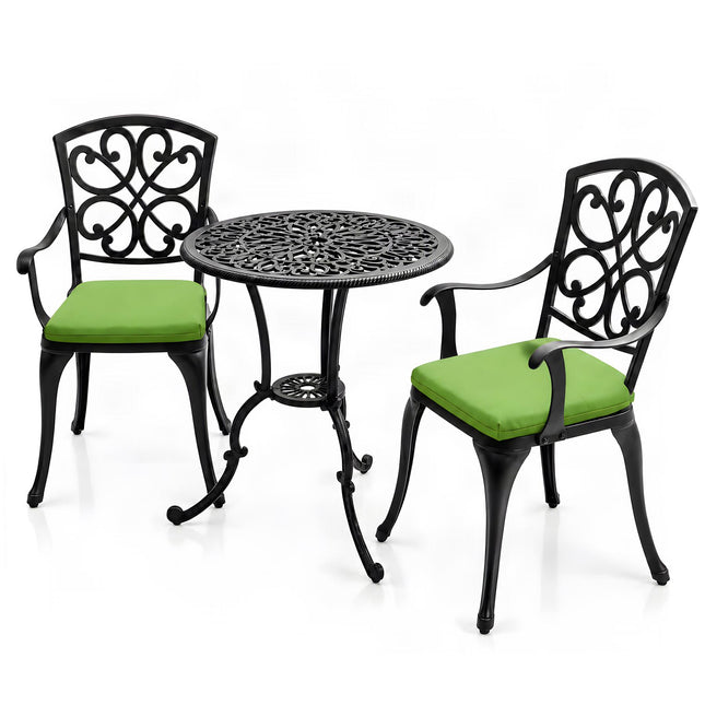 Homeology VIVALDI Black 3-Piece Cast Aluminium Garden Bistro Set - Rust-Proof Round Table with Parasol Hole & 2 Generously Sized Armchairs - with Green Cushions