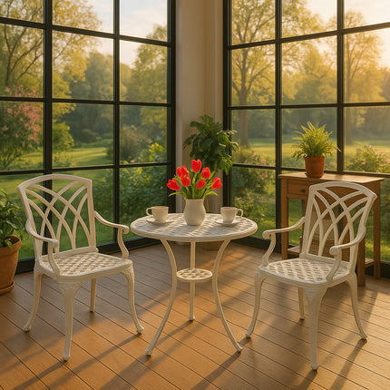 Centurion Supports OSHOWA Luxurious Garden and Patio Table and 2 Large Chairs with Armrests Cast Aluminium Bistro Set - White