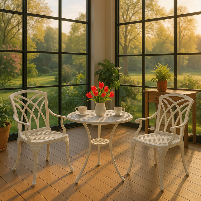 Centurion Supports OSHOWA Luxurious Garden and Patio Table and 2 Large Chairs with Armrests Cast Aluminium Bistro Set - White