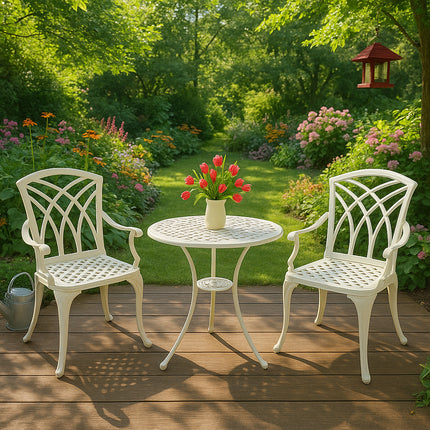 Centurion Supports OSHOWA Luxurious Garden and Patio Table and 2 Large Chairs with Armrests Cast Aluminium Bistro Set - White
