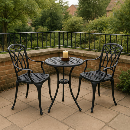 Centurion Supports OSHOWA Luxurious Garden and Patio Table and 2 Large Chairs with Armrests Cast Aluminium Bistro Set - Black