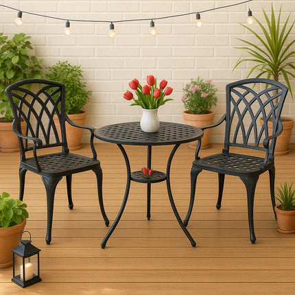 Centurion Supports OSHOWA Luxurious Garden and Patio Table and 2 Large Chairs with Armrests Cast Aluminium Bistro Set - Black