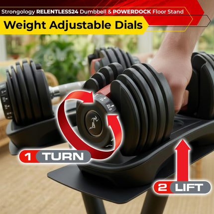 Strongology RELENTLESS24 Adjustable Dumbbell Pair (2.5kg–24kg) + POWERDOCK Floor Stand | 15-in-1 Quick-Select Weights | Heavy Duty Ergonomic V-Frame Floor Stand with Wheels | Complete Home Gym Bundle