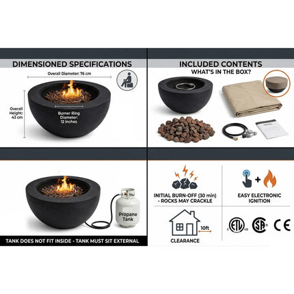 MDA Designs TABITI Black Lavish Garden & Patio Gas Fire Pit with Eco-Stone Finish